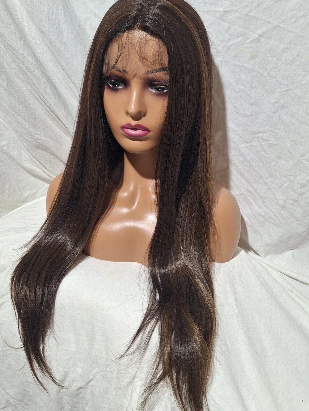 Natural Long Straight Lace Front Wig - Brown Human Hair Blend